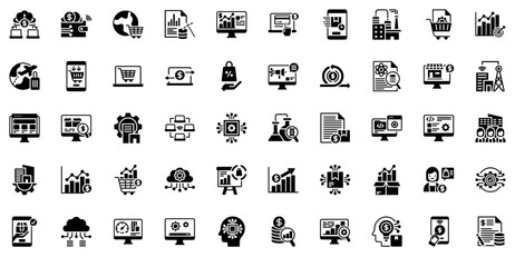 Mega Set Of Vector Digital Economy Glyph Isolated Silhouette Solid Icons With Market,Business,Networking,Commerce,Statistics Pictograms And Infographics Design Elements Vector Illustration