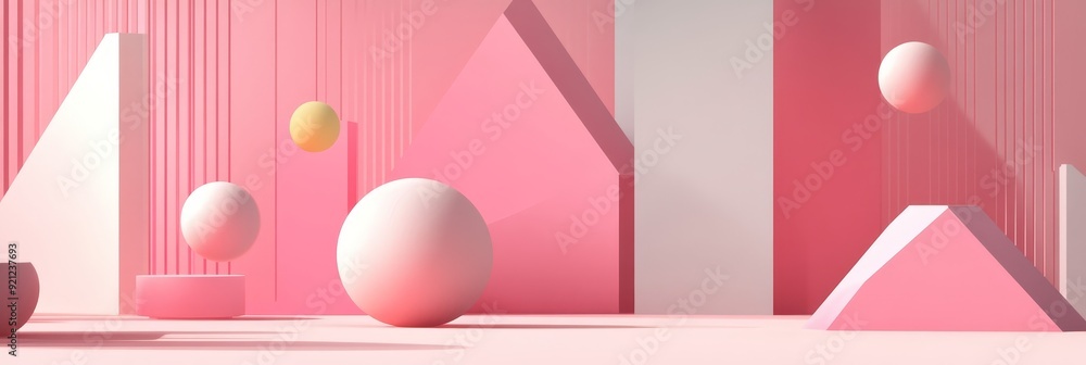 Sticker A simple yet elegant background featuring pink and white geometric shapes, including spheres, triangles