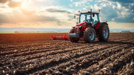 Obraz premium A red tractor is driving through a field. The sky is blue and the sun is shining