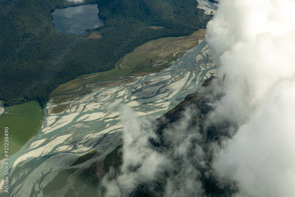 Wall mural aerial view of braided river system in new zealand