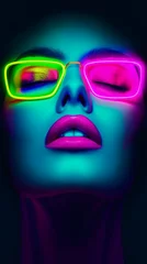 glasses glowing brightly models acid bleeding deep color specular highlights lips wide parted clubs neons geometry © Cary