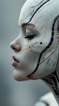 woman face head covering humanoid robot closeup skin lobotomy cyborg girl faired terminals red lips
