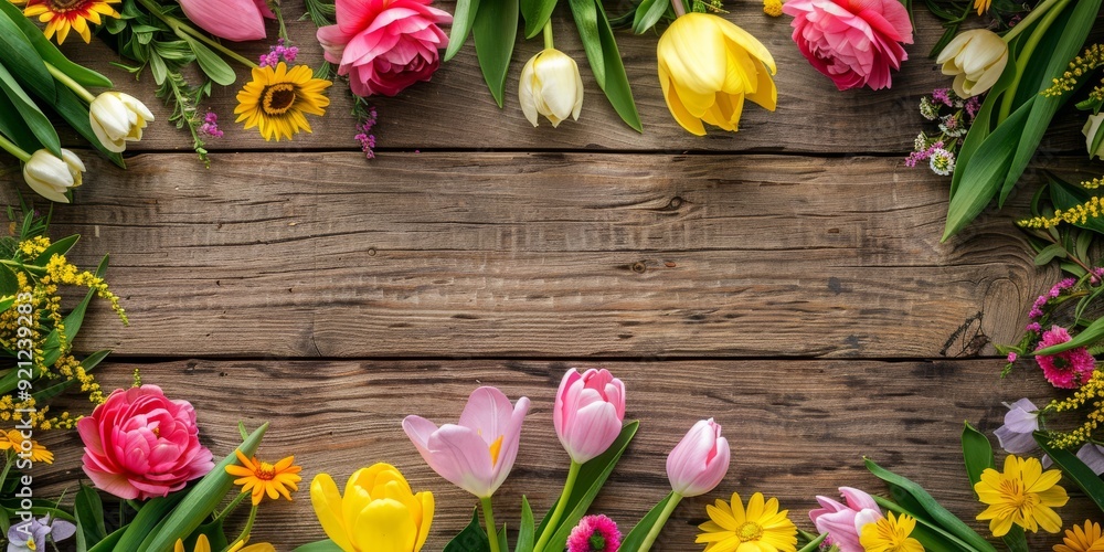 Aufkleber a vibrant array of colorful flowers surrounds a rustic wooden background, creating a charming space 