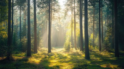 Naklejka premium A serene pine forest with sunlight streaming through, creating a tranquil, nature-inspired background.