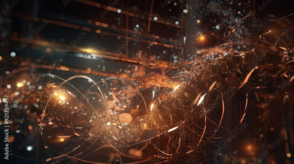 Poster Abstract burst of wires and particles on technology background. Scientific abstraction with mess of microscopic connections.