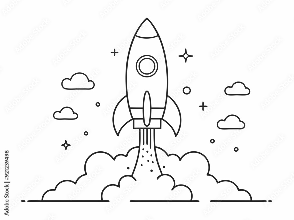 Wall mural continuous single line drawing of rocket spaceship takeoff, rocket launch line art vector illustrati