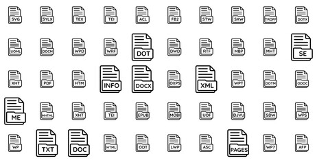 Mega Set Of Vector Document File Formats Icons Silhouette Vector Logo Design Containing Extension,File-Format,Document,Xht,File Vector Icon Set Linear Pictogram Pack