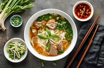 Photo of Pho in Vietnam, top view, white bowl with thin slices of meat and green onion on rice noodles, on the table