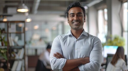 Obraz premium Happy Indian businessman professional leader standing arms crossed in office. Smiling male employee, business man company executive manager, confident eastern entrepreneur at work, Generative AI