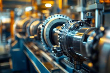 Fototapeta premium Close-up of industrial machinery in an innovative factory, including engine parts and buildings, blurred background for copy space