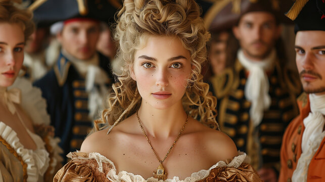 Portrait of an ancient courtesan young woman with elegant people from the eighteenth century on the background. 