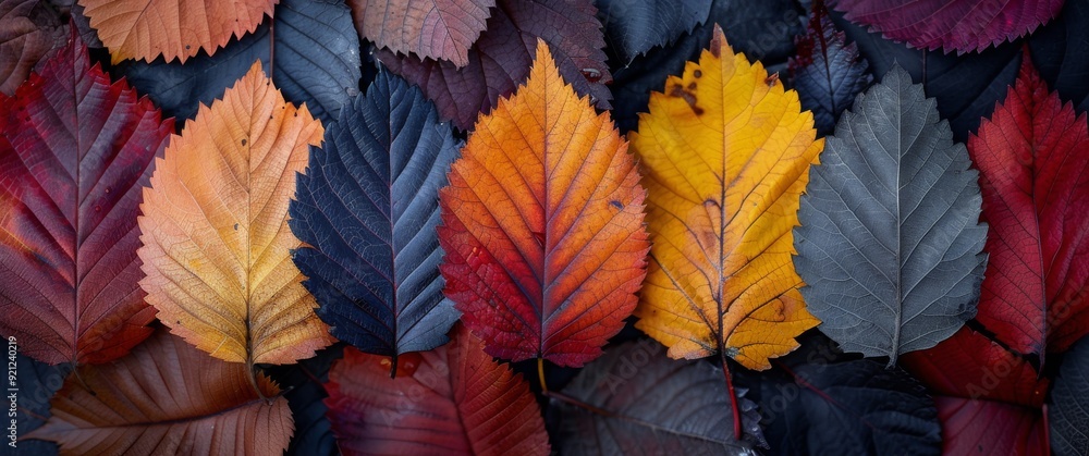 Sticker Colorful Autumn Leaves Arranged on Dark Background in Natural Display