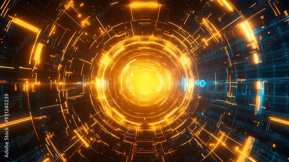 Poster abstract representation of a glowing vortex with vibrant orange and blue patterns in a digital space