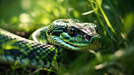 green snake in nature with blur background