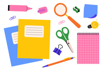 Colorful set of school stationery and accessories. Vector illustration collection of study tools and learning materials for educational content