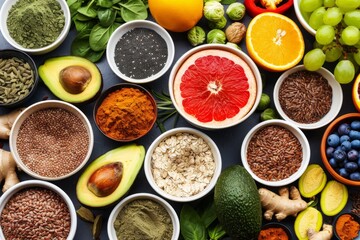 Healthy superfoods and colorful fruits in bowls on a table. Fresh ingredients for a balanced diet. This image is styled with a vibrant and inviting look for health and wellness purposes. Generative AI