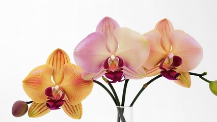 three yellow and red flowers in a clear vase on a table next to a white wall