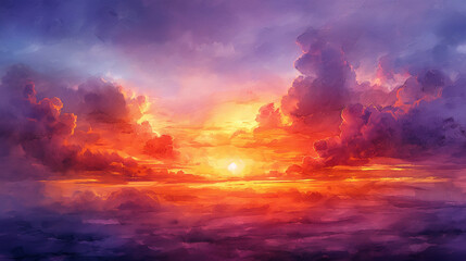 Obraz premium A painting of a colorful sky with clouds and a sun