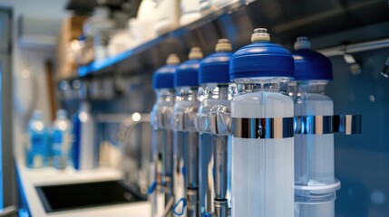 Installed water purification filters. Reverse osmosis water purification system at home