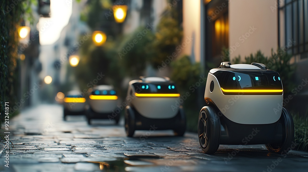 Poster futuristic autonomous delivery robots navigating a digital marketplace