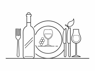 dinner concept continuous single line drawing, plate, fork, knife, wine glass and bottle line art vector illustration
