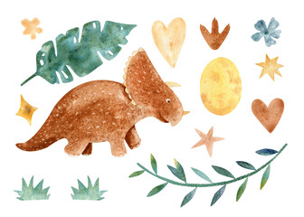 Dinosaurs watercolor illustration set of colorful animals isolated on white background. Cute characters for child nursery. invitation, card, book, textile, stickers. hand drawn