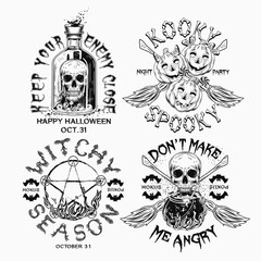 Labels with cauldron, bottle with potion, skull, criss crossed brooms, pumpkin heads like happy kids, pentagram sign, text. Black and white witchy illustrations on white background in vintage style