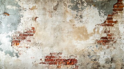 Obraz premium A distressed concrete wall with patches of exposed brick and peeling paint, adding character and texture to food shots