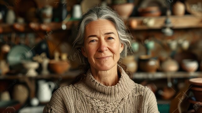 Medium shot portrait photography of a satisfied woman in her 50s that is wearing a cozy sweater against a traditional pottery studio with craftspeople at work background . Generative AI
