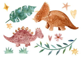 Dinosaurs watercolor illustration set of colorful animals isolated on white background. Cute characters for child nursery. invitation, card, book, textile, stickers. hand drawn