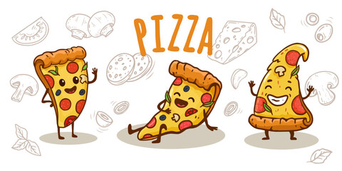 set of cartoon pizza slice with arms and legs isolated on white background. Pizza character. Flat style. Vector illustration 