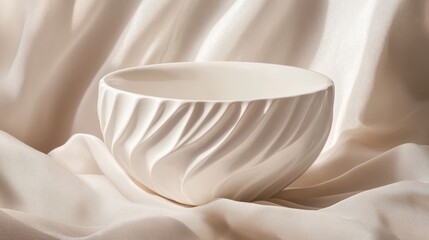 A white ceramic bowl with a swirling design sits on a white fabric background, symbolizing simplicity, elegance, beauty, texture, and craftsmanship.