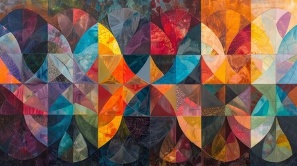 Abstract geometric pattern in warm colors with a mix of triangles and curves.