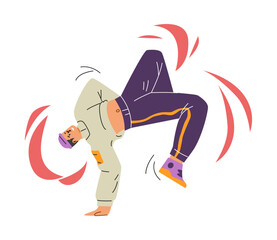 Break dancer in action, dynamic pose, handstand, vector teenager street dancer hip hop performance, cartoon boy dancing