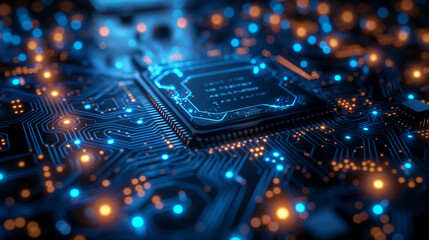 A close up of a circuit board with red lines and glowing dots