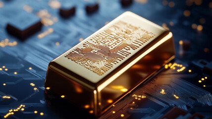 A conceptual image of a gold bar with circuit patterns etched on its surface, symbolizing the merging of traditional gold investment with modern technology and digital finance.