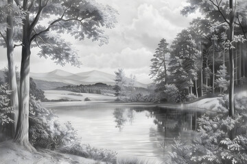 Serenity in Graphite: A Detailed Morning Landscape of Trees, River, and Mountains