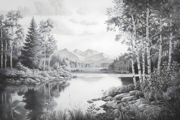 Fototapeta premium Serenity in Graphite: A Detailed Morning Landscape of Trees, River, and Mountains