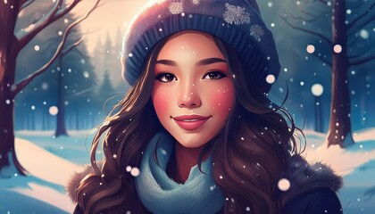 Pretty woman with long brown hair and brown eyes, wearing hat  in winter in a park with snow and snowflakes, in blue tones

