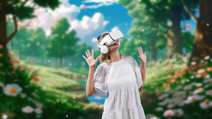 Excited woman looking around by VR surround enchant wonderful fairytale forest wild flower with...