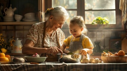 Old woman grandma and her young granddaughter cooking at vintage kitchen smiling transfer of knowledge and skills concept