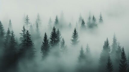 Misty Forest Landscape With Tall Pine Trees at Dawn
