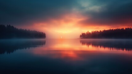 Fototapeta premium Serene Sunrise Over Calm Lake With Mist and Colorful Sky