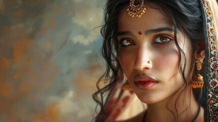 Fototapeta premium Portrait of a Beautiful Indian Woman Looking into Copy Space