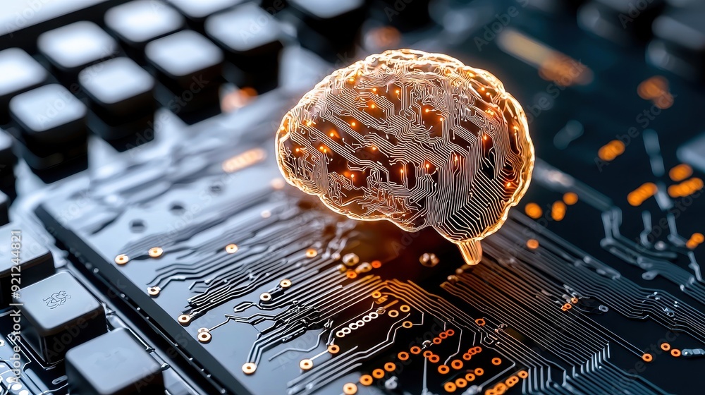 Poster futuristic representation of a brain on a circuit board, symbolizing artificial intelligence and tec