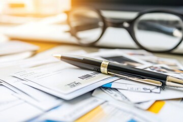 A close-up view of a desk featuring a pen, glasses, and various business documents