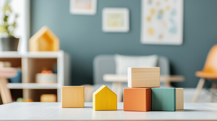 Colorful wooden blocks on a table in a modern children's playroom with cozy decor. Educational toys in a bright and stylish interior.

