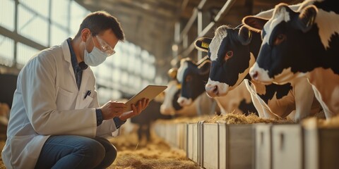 An experienced veterinarian examines cows at a dairy farm, assessing their health using advanced technology, including a tablet for efficient monitoring and accurate health data record keeping