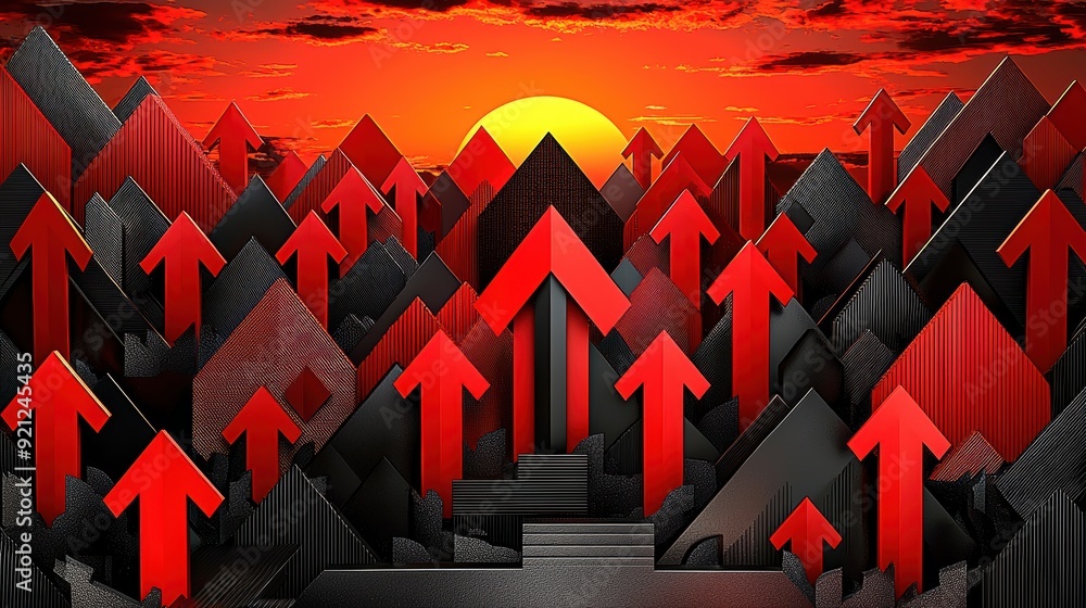 Poster dynamic abstract image featuring red arrows and dark pyramids against a vibrant sunset, symbolizing 