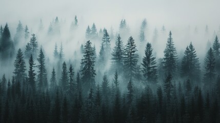Misty Forest Landscape With Tall Pine Trees at Dawn